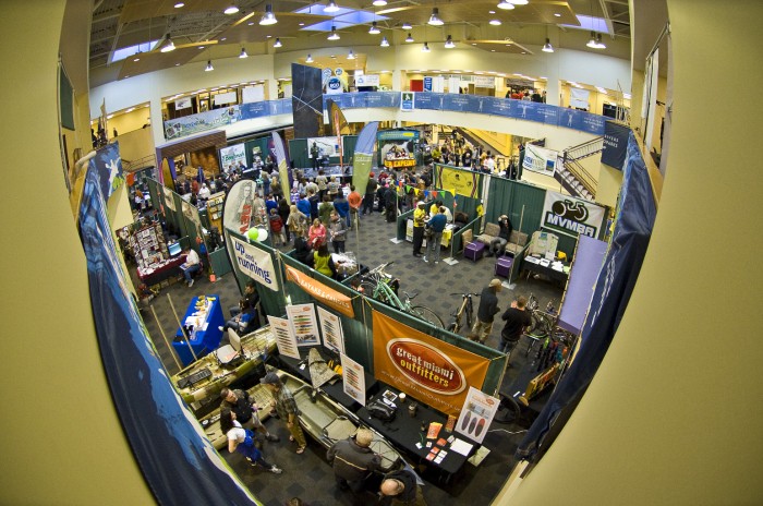 Photo of the Student Union atrium filled with booths and vendors for the Adventure Summit.