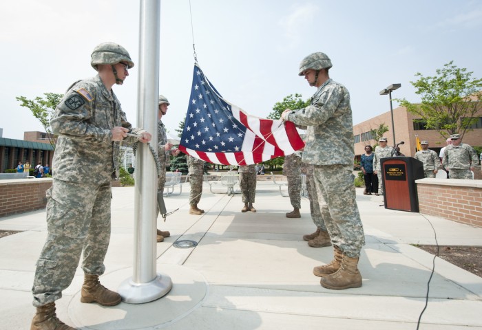 Wright State Army ROTC cadets raise the flag in observane of Memorial Day.