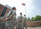 Wright State Army ROTC cadets stand in formation as their commander makes remarks about Memorial Day.