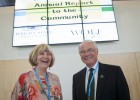 Photo of Lake Campus Dean Bonnie Mathies and Wright State University President David R. Hopkins during their annual report to the community at the Lake Campus on Wednesday, June 20.