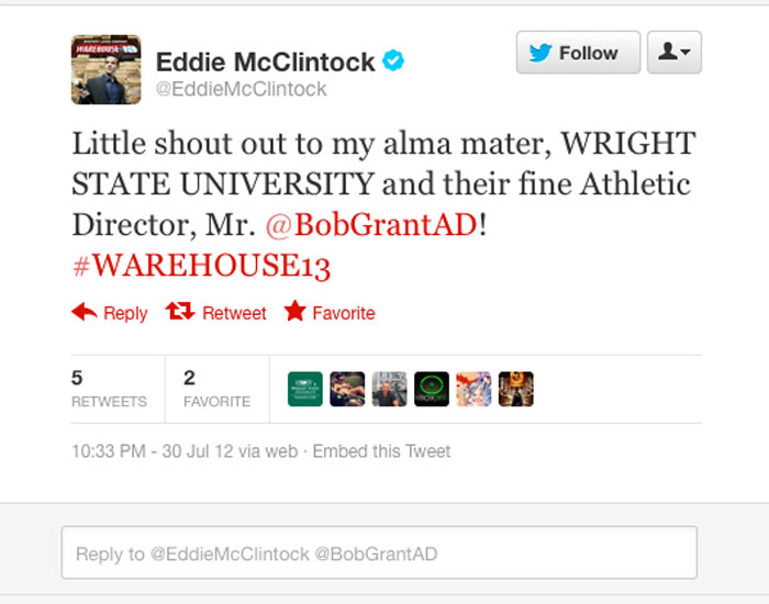 Screen capture of Eddie McClintock's twitter message to Wright State Raiders
