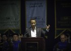 Photo of John Legend speaking at Wright State's Freshman Convocation 2012.