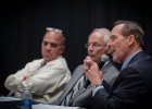 Photo of Chancellor Jim Petro speaking during a commercialization session at Wright State. To his right are Wright State President David R. Hopkins and Vinny Gupta, member of the Ohio Board of Regents and chair of the Ohio Commercialization Task Force.