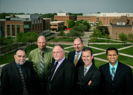 (L-R) Steve Hayward, business intelligence analyst; Craig Woolley, chief information officer; Roy Lemaster, program analyst; Aaron Skira, senior institutional research analyst; Mark Polatajko, vice president for business and finance/CFO and Sasanska Prabhala, executive director for strategic information and business intelligence constituted the core team that built the Wright State business intelligence solution.