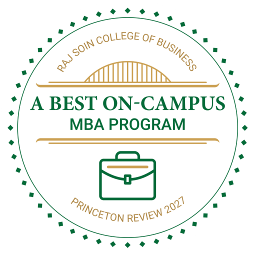 A ranking badge reads "Raj Soin College of Business - A Best On-Campus MBA Program, Princeton Review 2027."