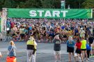 A large amount of runners stand under a "START" banner, preparing to begin a race.