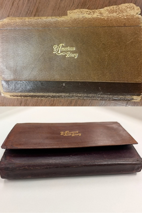 A side by side of Bishop Milton Wright's 1903 Diary before conservation treatment and after.